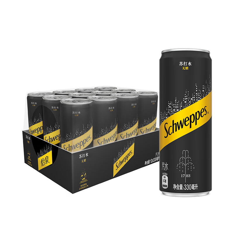 怡泉 Schweppes 无糖零卡苏打水 汽水饮料 330ml*12罐年货