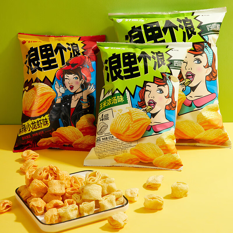 好丽友（orion）零食休闲零食薯片膨化食品浪里个浪玉米浓汤味65g/袋