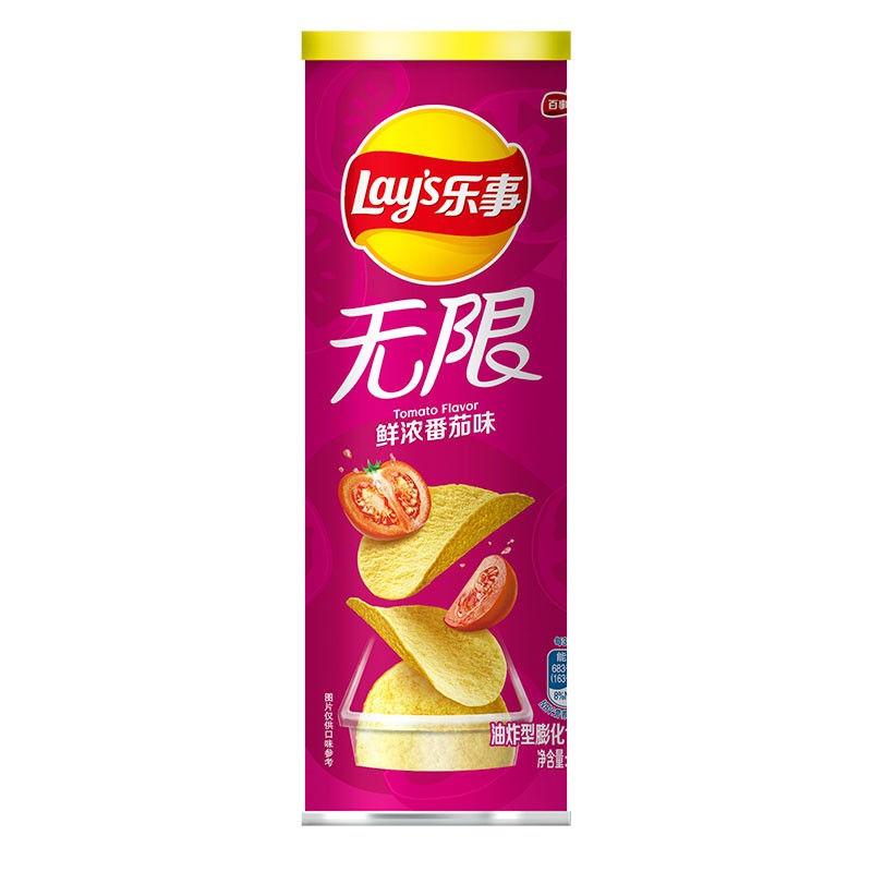 乐事（Lay&apos;s）无限薯片 零食 休闲食品 鲜浓番茄味104g罐装 膨