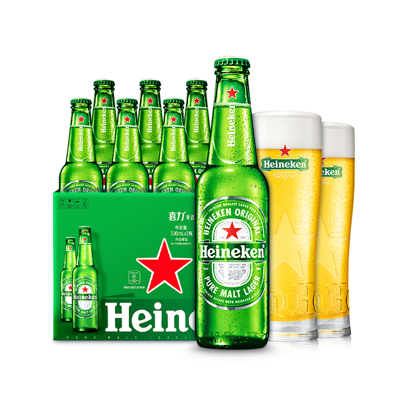 喜力（Heineken）经典黄啤酒330ml*9瓶 礼盒装（内含玻璃杯2个）