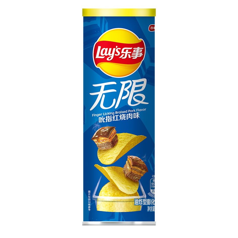 乐事（Lay&apos;s）无限薯片零食休闲食品 吮指红烧肉味104g罐装 膨化