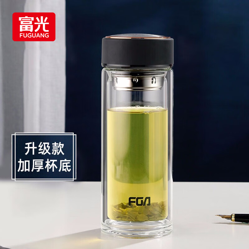 富光玻璃杯 男女士双层茶水分离杯带茶隔水杯子 泡茶杯500ML雅黑