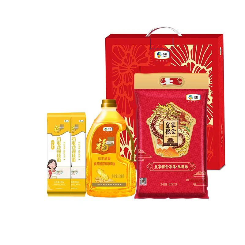 中粮福临门花生原香食用植物调和油1.8L（转）
中粮皇家粮仓尊享丝苗米2.5㎏
福临门妙惠家鸡蛋龙须面条500g*2
